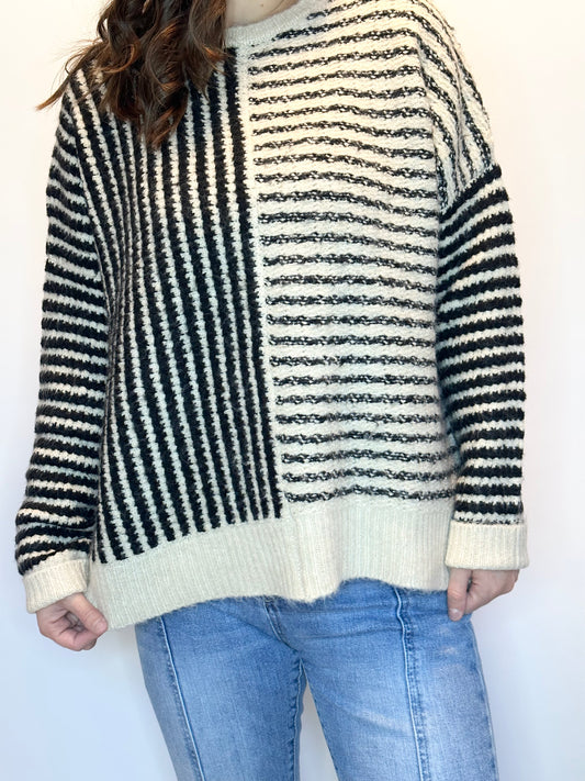 Fuzzy Striped Sweater-Black