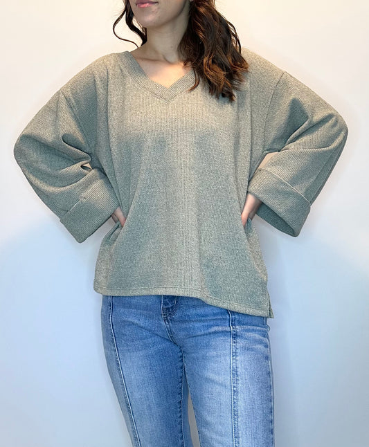 V-Neck Knit Pullover-Sage