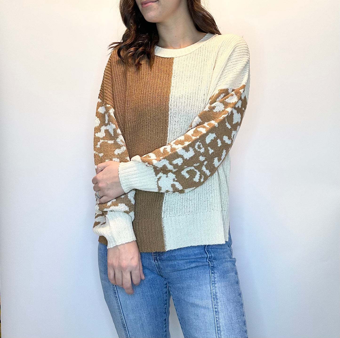 Leopard Colorblock Sweater-Tan